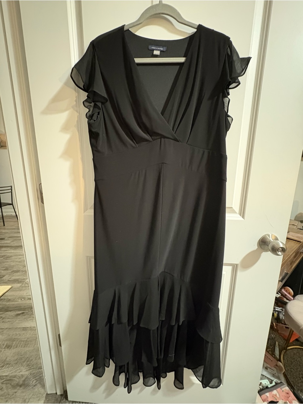 Tommy Hilfiger Black Flutter Sleeve Midi Dress with Ruffle Hem